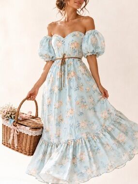LOVE SHACK FANCY Blue Floral Cottagecore Puff Sleeve Tiered Midi Dress Size 8